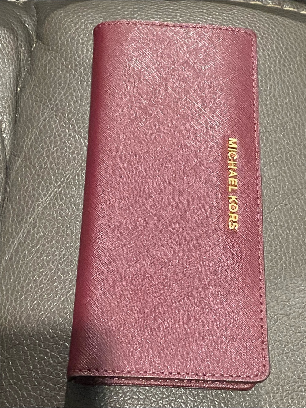 Michael Kors Wine Saffiano Leather Continental Wallet with Gold Logo